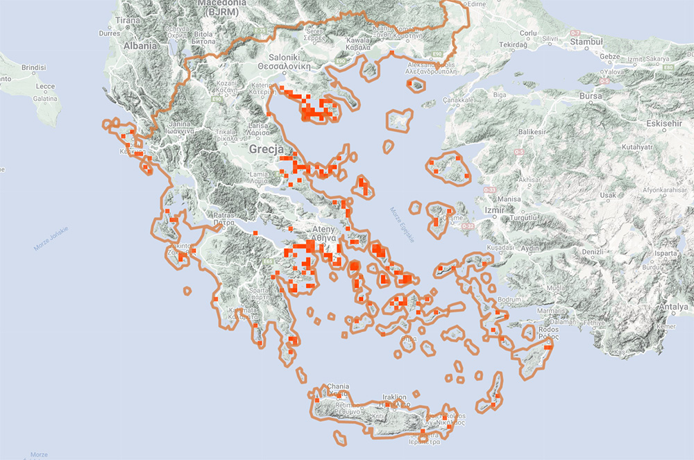 Map of Greece - glowing jellyfish occurrence